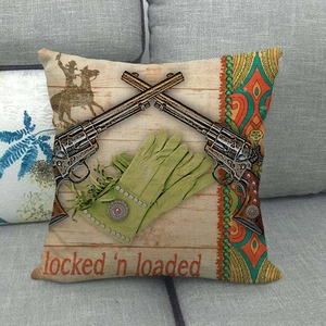 Vintage western cowboy linen throw pillow cover with revolvers and horse silhouette