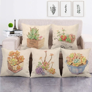 Funda de Cojín Decorativa de Lino con Plantas Suculentas y Macetas Funda de Almohada Cuadrada para Sofá de Sala de Estar Decoración del Hogar