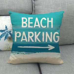Detailed texture of linen throw pillow case featuring vintage beach parking design