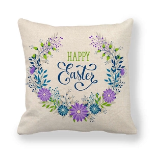 Linen square pillowcase with Happy Easter floral wreath pattern on a white background