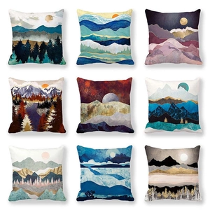 Funda de Cojín de Tela de Piel de Melocotón con Paisaje Abstracto Moderno Patrón de Mármol Sol Montaña Funda de Almohada Decorativa para Sofá Hogar