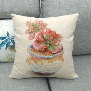 Detalle de funda de cojín de lino con plantas suculentas de colores y macetas vintage