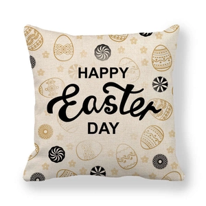Linen Easter pillowcase featuring Happy Easter text and decorative egg patterns on beige fabric