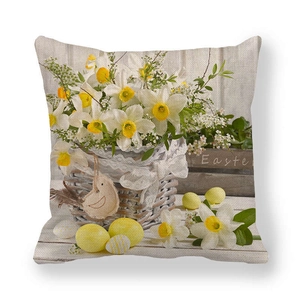 Detailed macro of Easter linen pillowcase showing floral basket print and texture