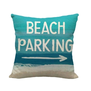 Linen beach cushion cover with teal ocean layers and white Beach Parking print