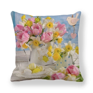 Detail of linen Easter pillowcase showing floral tulip print and rustic fabric texture