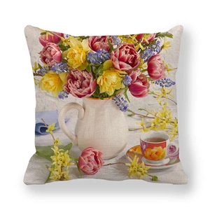 Square linen Easter pillowcase featuring pink tulips, daffodils, and vintage teacup print