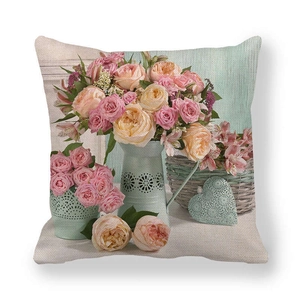 Linen cushion cover featuring vintage floral oil painting with roses and porcelain vase