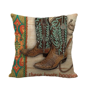 Retro linen pillowcase featuring vintage cowboy boots and horseshoe patterns in boho style