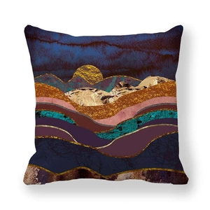 Funda de cojín cuadrada con paisaje de montaña de mármol abstracto y diseño de sol