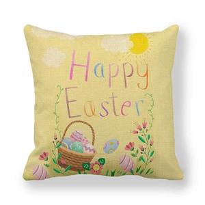 Détail de la taie d'oreiller de Pâques en lin avec texte Happy Easter et œufs colorés
