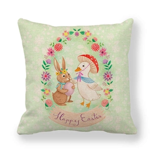 Housse de coussin de Pâques en lin avec fond vert menthe, lapins et oies festifs