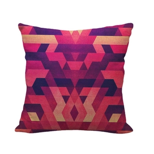 Linen cushion cover with symmetric geometric pattern in pink and purple colors