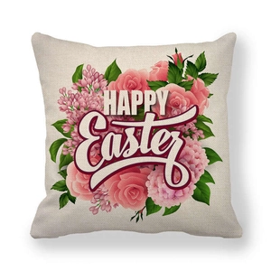 Detailansicht des Oster-Leinenkissenbezugs mit Rosen und Happy Easter Aufschrift