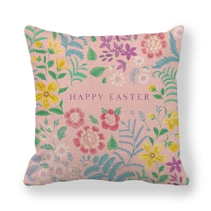 Linen Easter throw pillow cover with floral patterns and Happy Easter greeting text