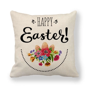 Oster-Kissenbezug aus Leinen mit bunten Eiern, Blumen und Happy Easter-Aufdruck