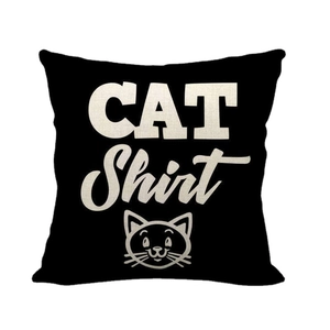Square black linen pillow case with creamy white Cat Shirt lettering and cute feline art