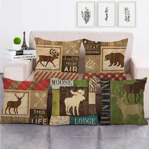 Housses de coussin vintage en lin avec motifs d'animaux de la forêt et de cerf