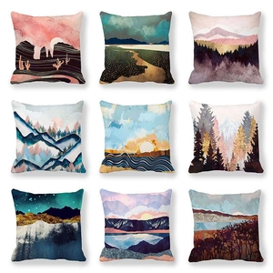 Set van 9 vierkante decoratieve kussenslopen met marmeren landschapskunst en natuurscenes