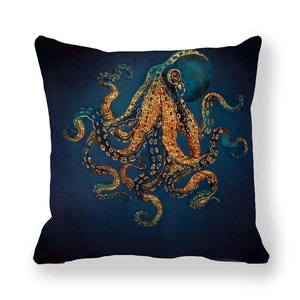 Detail showing the intricate octopus print on a dark blue marble textured peach skin pillowcase