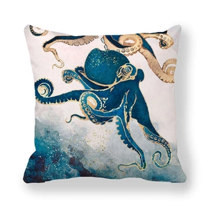 Detailed texture of peach skin fabric pillowcase with blue watercolor octopus pattern