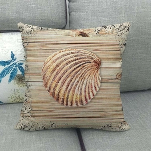 Linen shell decorative pillow cover with seashell print on vintage wood background