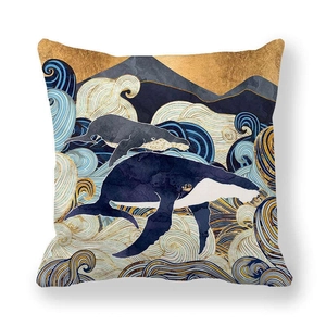Square marble texture ocean whale pillow cover with blue and gold waves pattern