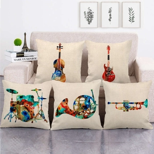 Funda de Almohada Decorativa de Lino con Instrumentos Musicales Artísticos Acuarela Guitarra Violín Piano Estampado Cuadrado Hogar