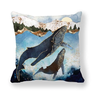 Peach skin marble pillowcase featuring artistic whales with golden foil details in waves