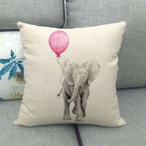 Detailed texture of linen pillowcase featuring watercolor elephant and pink balloon