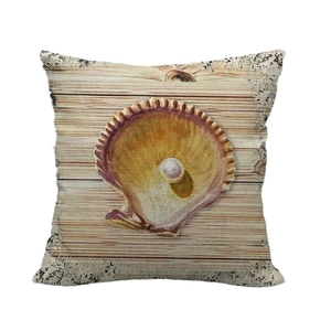 Linen style square throw pillow cover featuring seashell and pearl on wood plank print