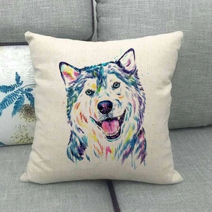 Dettaglio della fodera per cuscino in lino con husky colorato in stile pop art su divano