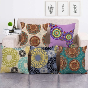 Mandala Geometric Pattern Throw Pillow Covers Linen Cotton Blend Square Bohemian Retro Ethnic Style Home Sofa Decor