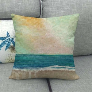 Detailed texture of linen cushion cover with abstract coastal landscape oil painting print