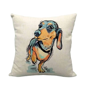Fodera per cuscino quadrata in lino con illustrazione colorata di un cane bassotto