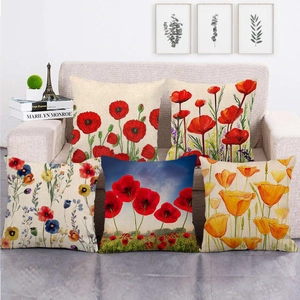 Funda de Cojín de Lino con Estampado Floral Funda de Almohada Cuadrada Decorativa Para Sofá Decoración del Hogar Patrón de Amapola Roja Estilo Acuarela