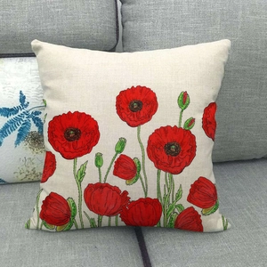 Textura detallada de funda de cojín cuadrada de lino con estampado de amapolas rojas