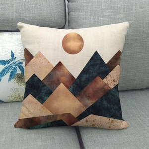 Detailed texture of geometric mountain landscape on square linen cushion cover