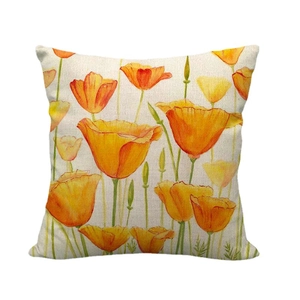 Funda de cojín cuadrada de lino con vibrantes motivos florales en acuarela naranja