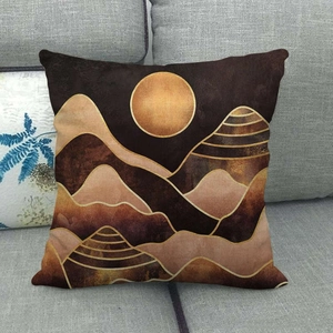 Detailed texture of linen cushion cover with modern abstract mountain and moon patterns