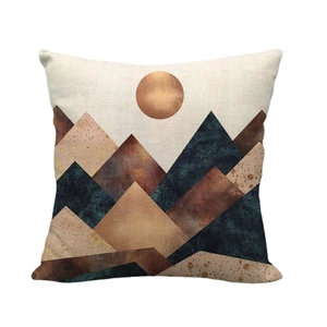 Square linen pillow cover with abstract geometric mountain landscape in earthy tones
