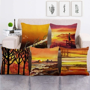 Juego de 5 fundas de cojín de lino con paisajes de atardeceres y bosques de arte