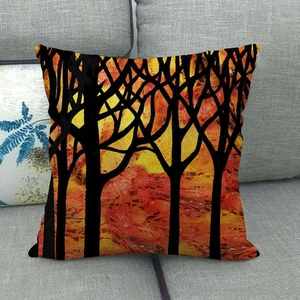 Linen square decorative pillow cover featuring sunset landscape and black tree silhouette