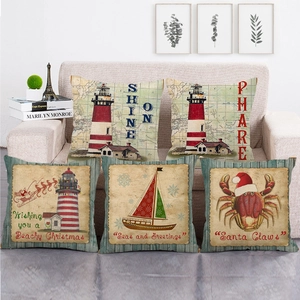 Nautical Lighthouse Throw Pillow Case Retro Sea Map Sailboat Pattern Linen Decorative Cushion Cover Sofa Home Decor