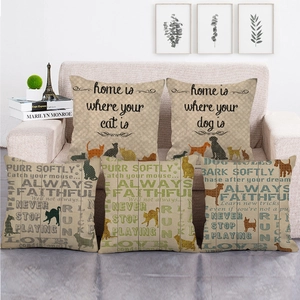 Pet Theme Linen Cushion Cover Square Pillowcase Cat Dog Silhouettes Inspirational Quotes For Sofa Couch Living Room Decor