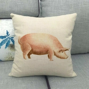Linen pillow cover featuring a realistic pink pig oil painting on a beige fabric background