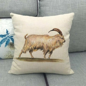 Detail shot of linen pillowcase featuring a realistic white goat oil painting pattern