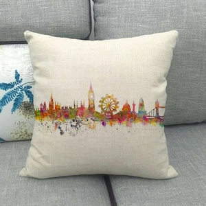 Federa decorativa in lino con stampa acquerello dello skyline di Londra