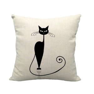 Minimalist cat pattern linen pillowcase on white background featuring black artistic lines