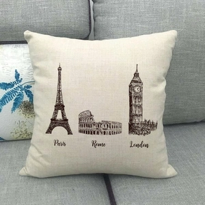 Fodera per cuscino in lino con schizzi vintage di Parigi, Roma e Londra per divano